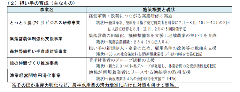 図表3:〔参考〕農林水産業に係る若者の定着、移住定住等にかかる県の施策(2)担い手の育成(主なもの)